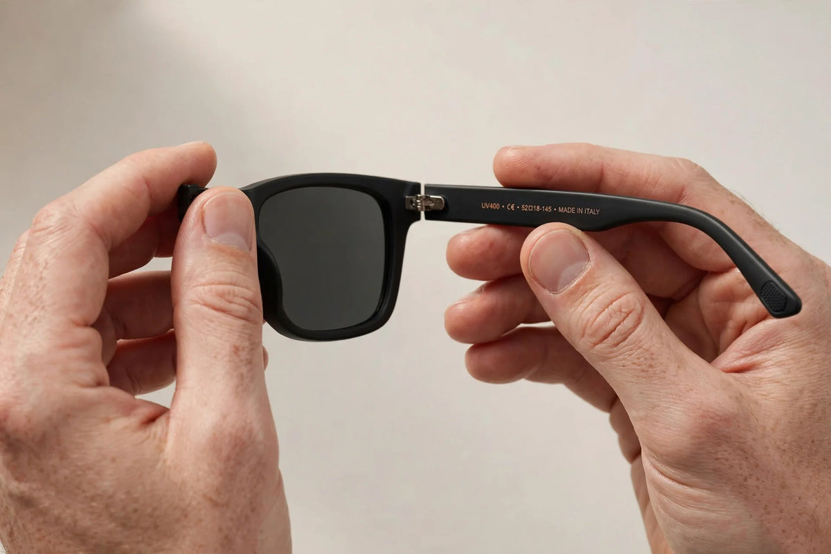 Where to find your sunglass model number and lens size on the inside of the temple arm