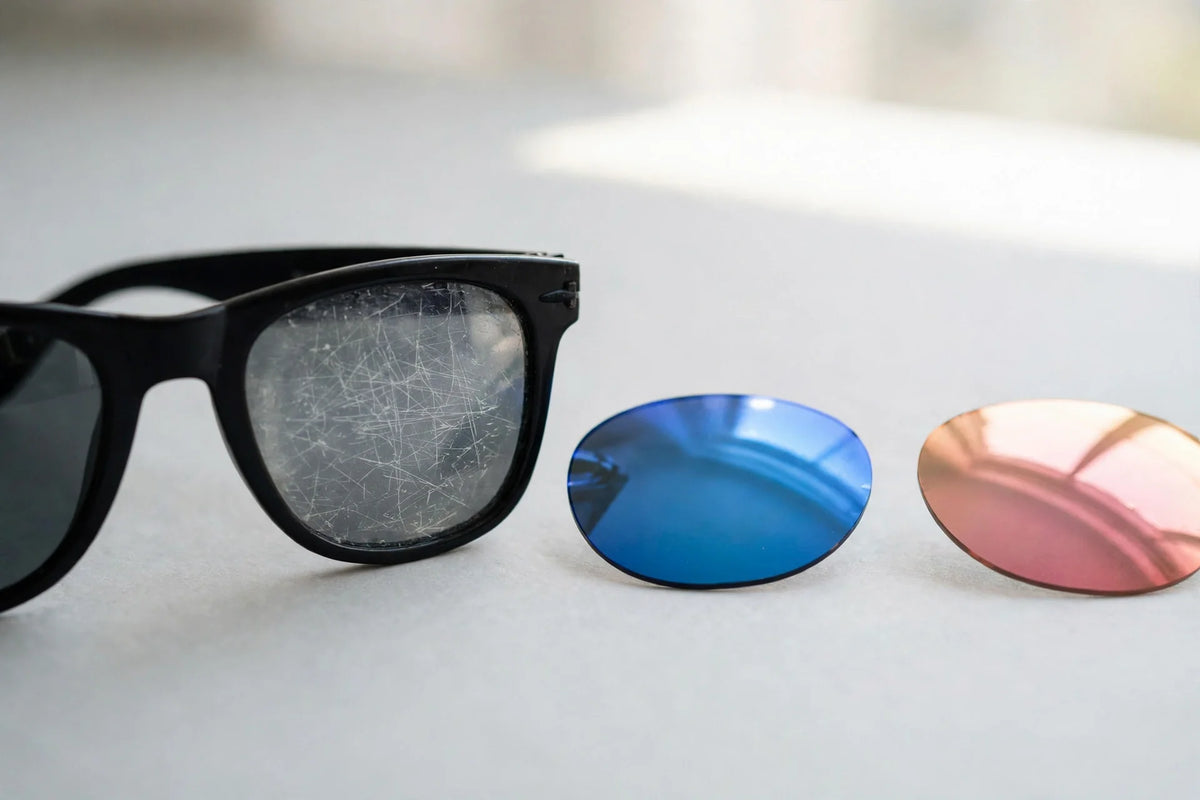 Scratched sunglass lenses beside new replacement lenses in blue and rose mirror