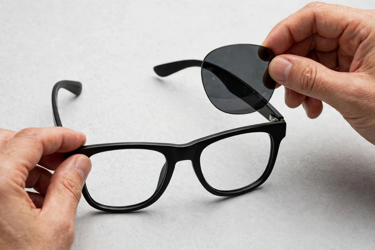 How to replace sunglass lenses at home: holding a new replacement lens above the frame before snapping it in