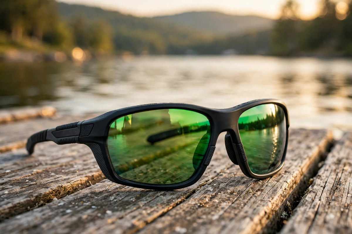 Wraparound polarized sunglasses with green mirror lenses, the best lens color for fishing inshore waters