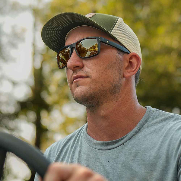 Man wearing Apex ULTRA bronze mirror sunglasses